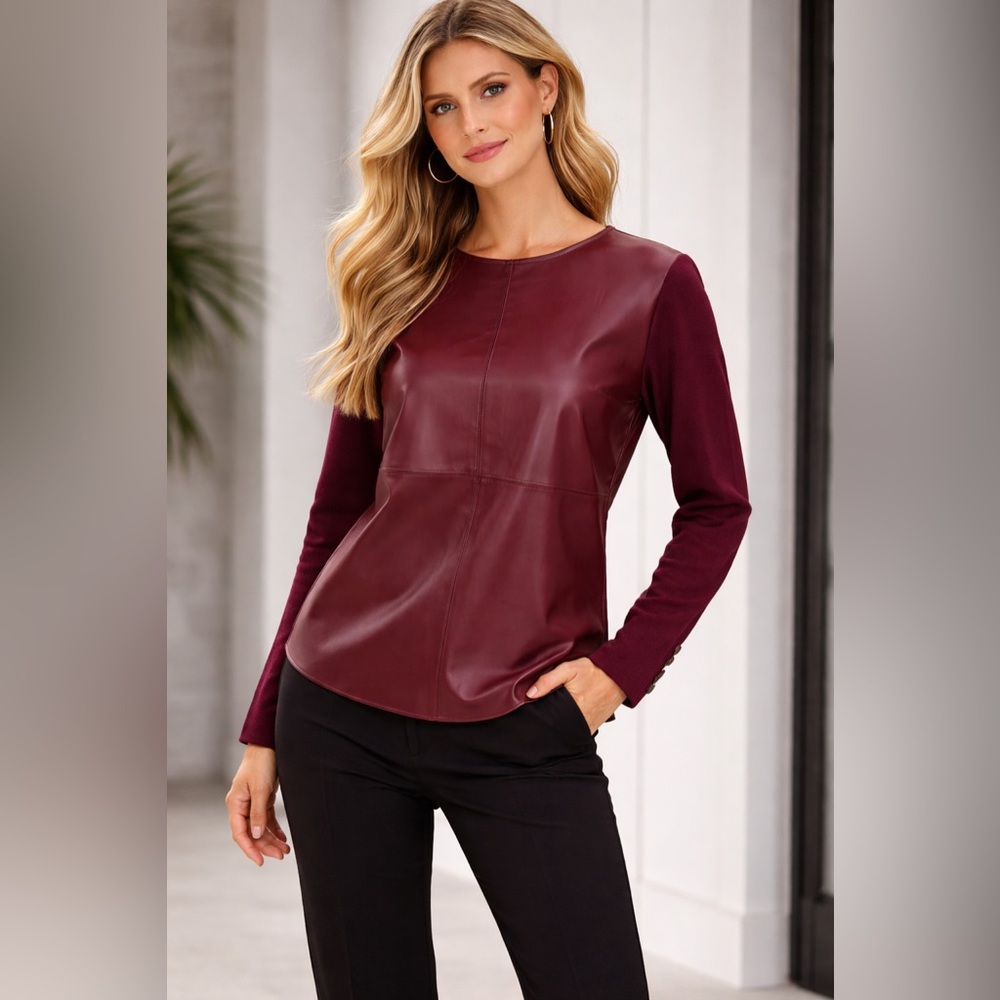 Sioni Milano Faux Leather Front Knit Top Burgundy Long Sleeve Blouse Size M